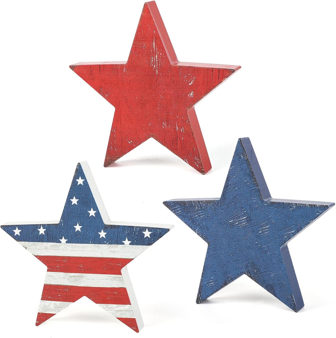 3-Piece 4th of July Wooden Star Signs – Rustic Patriotic Table & Tiered Tray Decor for Memorial Day, Independence Day, and Home Kitchen (Retro Style)